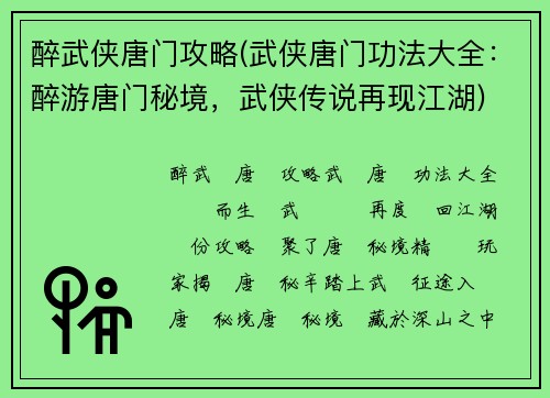 醉武侠唐门攻略(武侠唐门功法大全：醉游唐门秘境，武侠传说再现江湖)